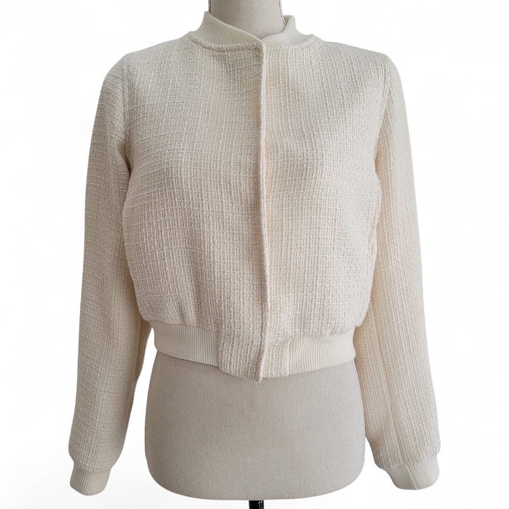 Jason Wu Cream Tweed Cropped‎ Bomber Jacket Size S Ivory Textured Zip Up